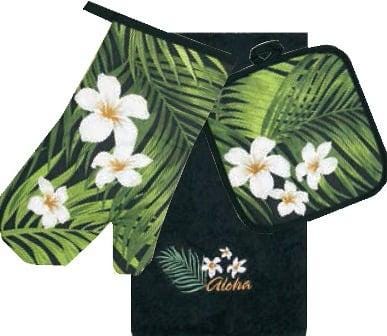 Tropical Plumeria Palm Kitchen Set – 3-Piece Cotton Towel, Potholder & Oven Mitt Gift Set