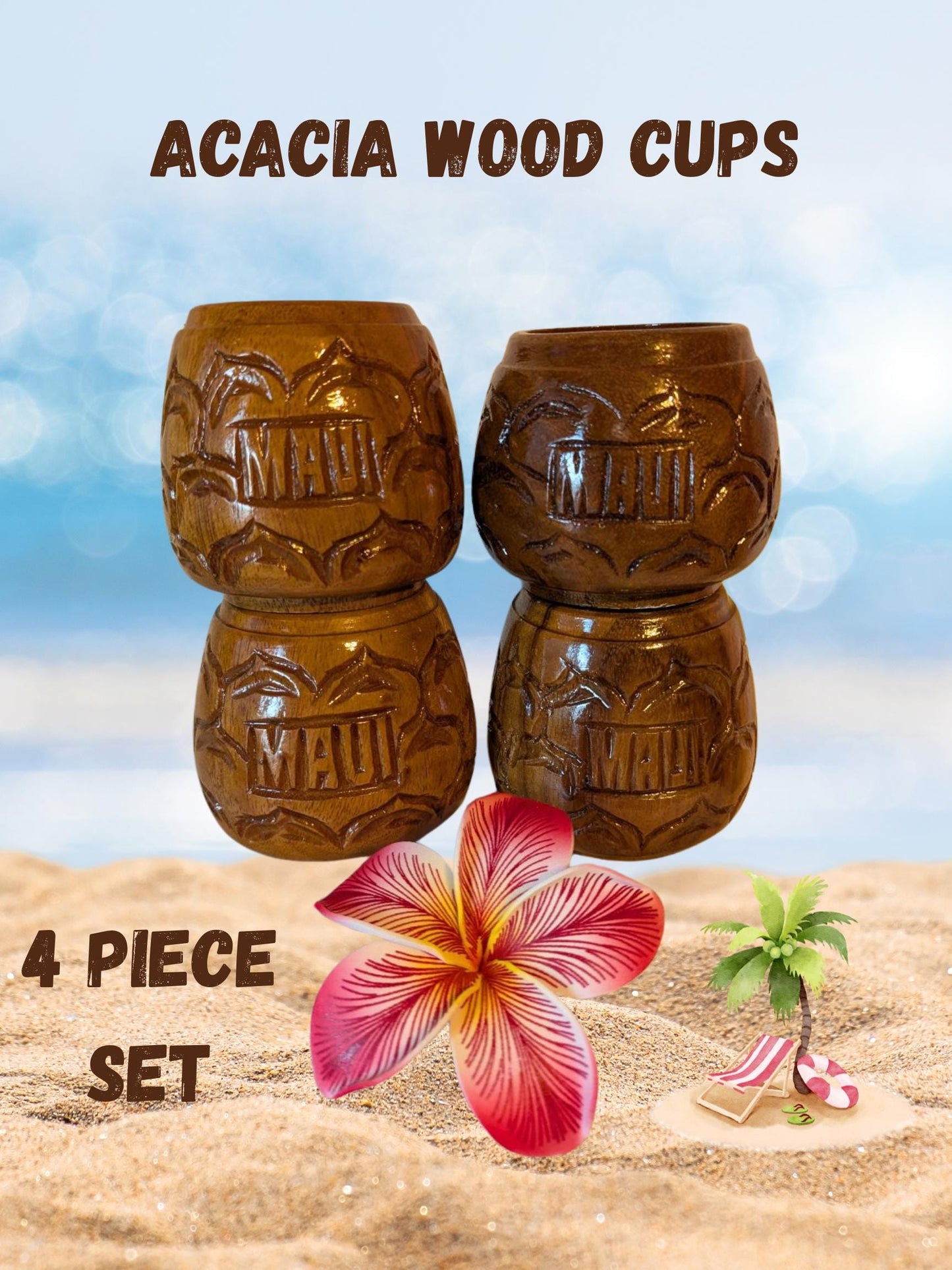 Maui Engraved Acacia Handcrafted Wood Set Cup 4 Piece Set