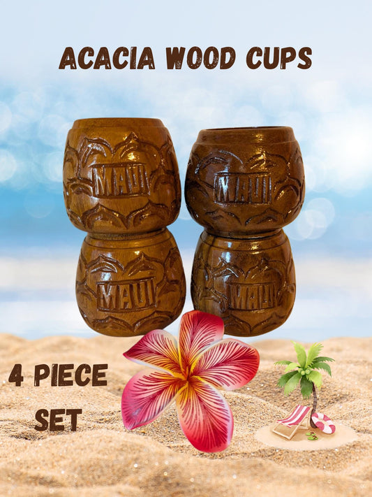 Maui Engraved Acacia Handcrafted Wood Set Cup 4 Piece Set