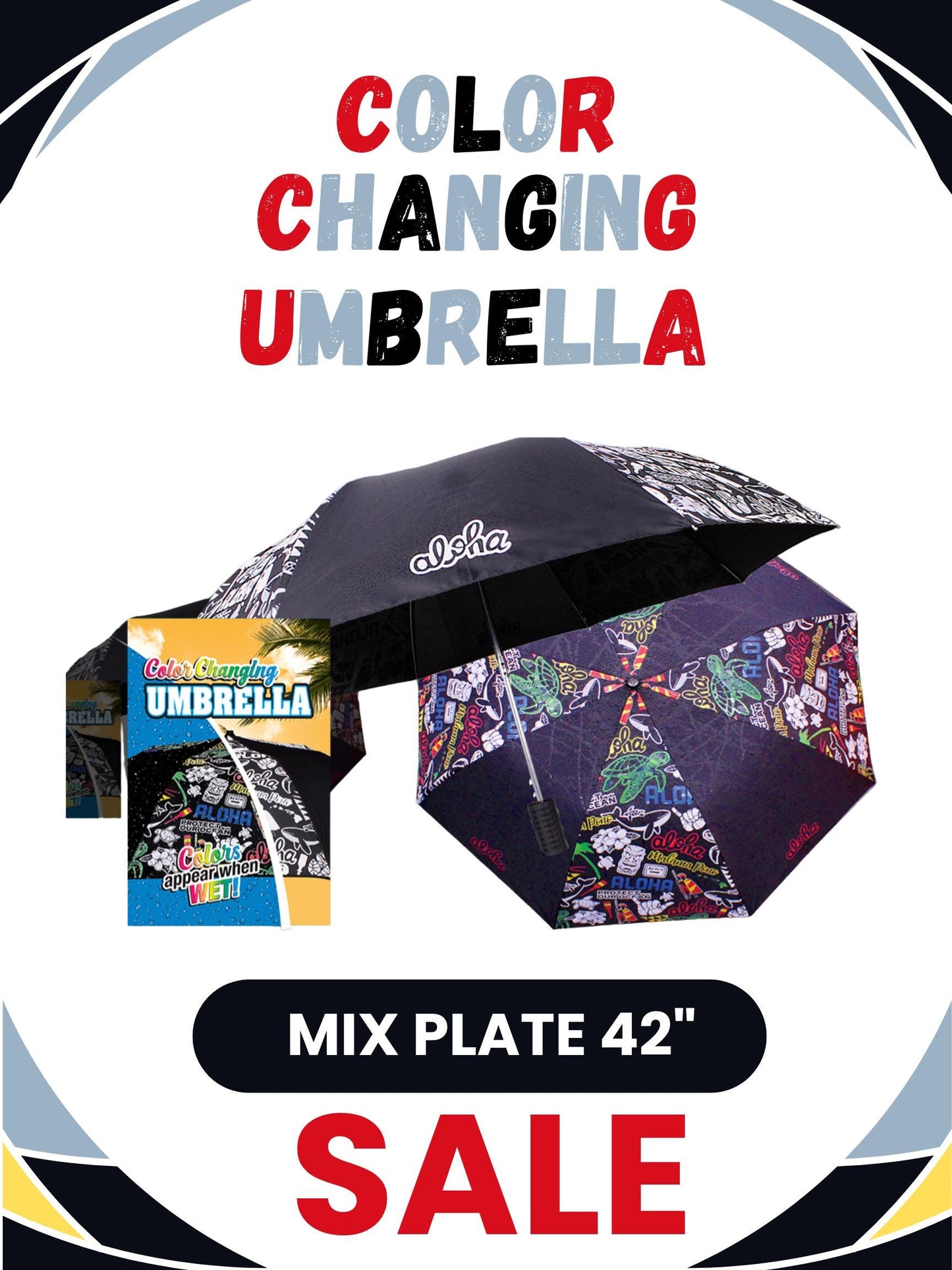 Color Changing Hawaiian Umbrella – 42” Mix Plate Compact Travel Umbrella with Tropical Design