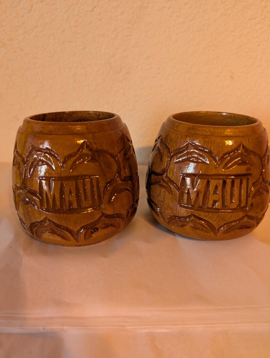 Maui Engraved Acacia Handcrafted Wood Set Cup 4 Piece Set