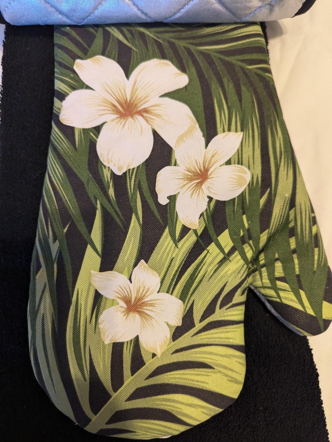 Tropical Plumeria Palm Kitchen Set – 3-Piece Cotton Towel, Potholder & Oven Mitt Gift Set