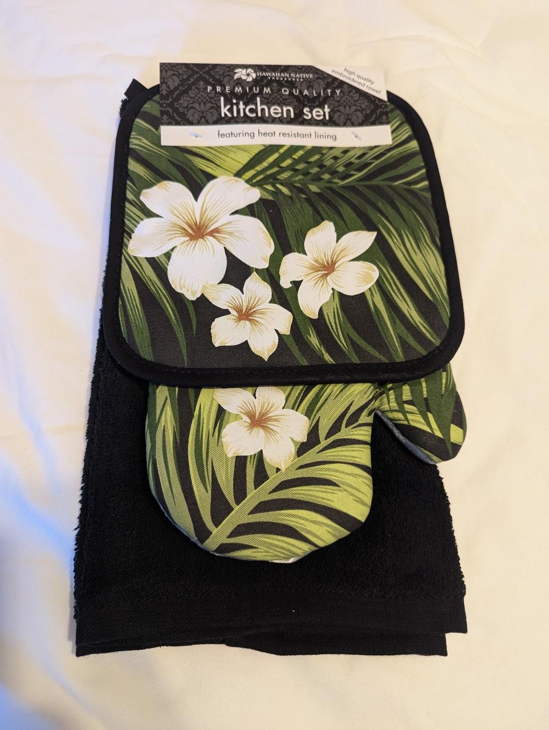 Tropical Plumeria Palm Kitchen Set – 3-Piece Cotton Towel, Potholder & Oven Mitt Gift Set