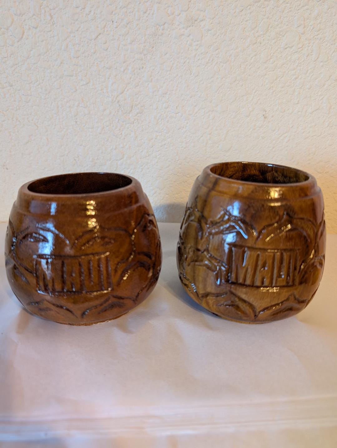 Maui Engraved Acacia Handcrafted Wood Set Cup 4 Piece Set