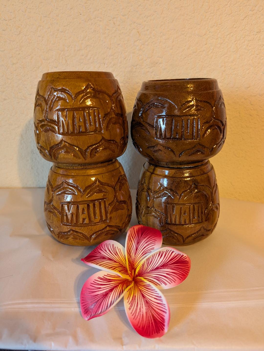 Maui Engraved Acacia Handcrafted Wood Set Cup 4 Piece Set